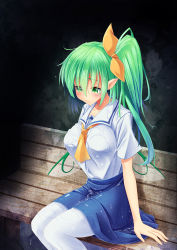 Rule 34 | 1girl, adapted costume, bench, blue skirt, blush, breasts, collarbone, daiyousei, fairy wings, green eyes, green hair, highres, large breasts, long hair, looking down, matching hair/eyes, neckerchief, pantyhose, pointy ears, ponytail, school uniform, serafuku, shirt, short sleeves, sitting, skirt, solo, touhou, wet, wet clothes, white pantyhose, white shirt, wings, z.o.b