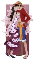 Rule 34 | 1boy, 1girl, absurdres, bare shoulders, black hair, closed eyes, closed mouth, commentary, commission, dress, earrings, english commentary, facial scar, full body, hat, hetero, high heels, highres, jewelry, kiss, long hair, long sleeves, meguru sama, monkey d. luffy, one piece, open clothes, polka dot, polka dot dress, red shirt, scar, scar on cheek, scar on chest, scar on face, shirt, short hair, sleeveless, sleeveless dress, straw hat, viola (one piece)