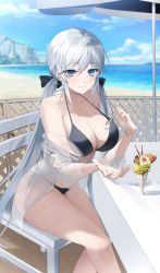 Rule 34 | 1girl, arm support, beach, beach umbrella, bikini, black bikini, black bow, blue eyes, blue sky, blurry, bow, breasts, chair, cleavage, depth of field, dorook, fate/grand order, fate (series), feet out of frame, food, fruit, grey hair, hair between eyes, hair ribbon, halterneck, highres, holding, ice cream, large breasts, looking at viewer, mole, mole on breast, mole under eye, morgan le fay (fate), ocean, off shoulder, outdoors, outstretched arm, revision, ribbon, sand, see-through, see-through shirt, sidelocks, sitting, sky, smile, solo, spoon, strawberry, string bikini, swimsuit, table, twintails, umbrella