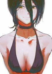 Rule 34 | 1girl, 900p, absurdres, bare shoulders, bikini, bikini top only, black choker, black hair, breasts, chainsaw man, choker, collarbone, green eyes, hair between eyes, highres, looking at viewer, medium breasts, reze (chainsaw man), short hair, smile, solo, swimsuit, white background