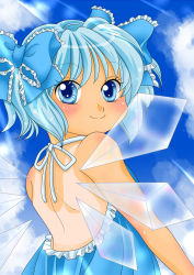 Rule 34 | 1girl, blue eyes, blue hair, bow, cirno, commentary request, dress, female focus, gradient background, hair bow, highres, ice, ice wings, matching hair/eyes, ribbon, solo, tan, tanline, touhou, upper body, wings, yuzuna99