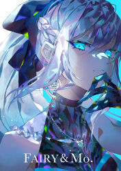 Rule 34 | 1girl, ad, adapted costume, alternate costume, april fools, black bow, black gloves, blue eyes, bow, braid, closed mouth, earrings, emoillu, expressionless, fate/grand order, fate (series), fishnet gloves, fishnets, floral print, french braid, gloves, glowing, glowing earrings, glowing jewelry, grey hair, hair between eyes, hair bow, hand on own chin, highres, jewelry, light blush, looking at viewer, morgan le fay (fate), necklace, ponytail, print gloves, sidelocks, sideways glance, simple background, sleeveless, solo, upper body, white background