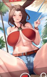 Rule 34 | 1girl, :q, absurdres, animal ears, bead bracelet, beads, bikini, blue shorts, blue sky, bracelet, breasts, brown eyes, brown hair, cloud, commentary request, commission, day, denim, denim shorts, final fantasy, final fantasy xiv, fingernails, highres, jewelry, large breasts, looking at viewer, masaki nanaya, mole, mole under eye, nail polish, navel, outdoors, palm tree, parasol, red bikini, red nails, short hair, shorts, sitting, skeb commission, sky, solo, sweat, swimsuit, tongue, tongue out, tree, umbrella, v, viera, warrior of light (ff14)