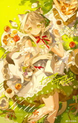 1girl absurdres ahoge animal_ear_fluff animal_ears apple apron baguette bare_shoulders bead_necklace beads bird blueberry book bouquet bow bow_apron bowtie braid bread bread_slice brown_hair brown_hat brown_pupils brown_ribbon cat cat_ears cat_girl cat_tail chinese_commentary clip_studio_paint_(medium) closed_mouth commentary_request commission cup daisy dot_nose doughnut dress eyelashes feet_out_of_frame floral_print flower food french_cruller fried_egg fried_egg_on_toast frilled_dress frills from_above fruit green_bow green_dress green_eyes hair_beads hair_between_eyes hair_bow hair_intakes hair_ornament hair_ribbon hairclip happy_birthday hat hat_ribbon heart heart-shaped_pupils highres jewelry kneehighs knees lamblab0824 lemon lemon_slice light_blush looking_at_viewer low_twin_braids lying mole mole_under_eye multiple_braids neck_ribbon necklace on_back open_book original petals picnic_basket plate pleated_dress pocket purple_flower red_bow red_bowtie red_flower red_ribbon ribbon rose_print sample_watermark saucer short_dress short_sleeves sidelocks single_kneehigh single_sock single_wrist_cuff sleeveless sleeveless_dress smile socks solo straw_hat striped_clothes striped_socks symbol-shaped_pupils tail tail_around_own_leg teacup toast too_many_watermarks twin_braids unworn_hat unworn_headwear vertical-striped_clothes vertical-striped_socks watermark white_apron white_bird white_flower white_ribbon white_socks white_wrist_cuffs wrist_cuffs