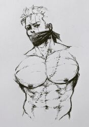 Rule 34 | 1boy, abs, absurdres, bandana, bara, covered mouth, cropped legs, greyscale, highres, large pectorals, looking at viewer, male focus, monochrome, muscular, muscular male, navel, nipples, nude, one piece, pectoral focus, pectorals, photo (medium), roronoa zoro, scar, scar across eye, scar on chest, short hair, sketch, smokerichi, solo, stitches, stomach, traditional media