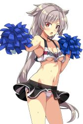 Rule 34 | 1girl, azur lane, black skirt, breasts, character name, cheering, cheerleader, clothes writing, collarbone, commentary, cowboy shot, crop top, crop top overhang, hair ears, highres, holding, holding pom poms, long hair, looking at viewer, macaroni hourensou, midriff, miniskirt, montpelier (azur lane), navel, open mouth, panties, pantyshot, pleated skirt, pom pom (cheerleading), pom poms, red eyes, shirt, silver hair, simple background, skirt, sleeveless, sleeveless shirt, small breasts, solo, underwear, white background, white panties