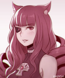 Rule 34 | 1girl, animal ears, artificial eye, artist name, bare shoulders, blunt bangs, blush, cat ears, cat girl, cross, drill hair, eyebrows, female focus, gradient background, koyorin, long hair, mechanical eye, monochrome, parted lips, red eyes, red hair, red theme, smile, solo, stella hoshii, upper body, va-11 hall-a, white background