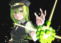 Rule 34 | 1girl, alina gray, black bow, black hat, black necktie, black vest, blunt ends, bow, brooch, collar, cross tie, detached collar, fur cuffs, gem, green gemstone, green hair, hair between eyes, hat, highres, jewelry, lapels, long hair, magia record: mahou shoujo madoka magica gaiden, magical girl, mahou shoujo madoka magica, multicolored hair, nail polish, necktie, notched lapels, peaked cap, puffy short sleeves, puffy sleeves, see-through, see-through sleeves, short sleeves, sidelocks, skirt, sleeve cuffs, smile, solo, straight hair, streaked hair, tachibanai, v-neck, vest, white collar, white sleeves