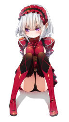 Rule 34 | 10s, 1girl, :t, black thighhighs, blush, boots, breasts, chaika bogdan, earrings, flower, full body, hairband, highres, hitsugi no chaika, jewelry, knee boots, lolita hairband, long legs, moru, pout, purple eyes, red flower, red footwear, red rose, restrained, rope, rose, short hair, silver hair, simple background, sitting, skirt, solo, thighhighs, white background