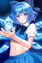 Rule 34 | 1girl, blue bow, blue bowtie, blue eyes, blue hair, blue nails, blue shirt, blue skirt, blush, bow, bowtie, cirno, commentary, crop top, crop top overhang, hair bow, highres, ice, ice wings, midriff, nail polish, navel, parted lips, puffy short sleeves, puffy sleeves, shirt, short hair, short sleeves, skirt, skirt set, solo, stomach, touhou, uemura shun, upper body, wings