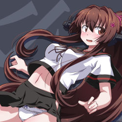 Rule 34 | 1girl, 547th sy, text background, black background, black sailor collar, black skirt, blush, breasts, brown eyes, brown hair, cosplay, dated, flower, hair flower, hair ornament, headgear, highres, hip vent, kantai collection, large breasts, long hair, open mouth, panties, ponytail, sailor collar, school uniform, serafuku, shikinami (kancolle), shikinami (kancolle) (cosplay), short sleeves, sidelocks, signature, simple background, skirt, solo, sweat, underwear, white panties, yamato (kancolle)