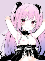 Rule 34 | 1girl, armpit crease, armpits, arms up, blush, breasts, breasts out, hair ornament, hololive, nipples, pink eyes, pink hair, simple background, skull, small breasts, smile, solo, twintails, uruha rushia, virtual youtuber, yazawa oke