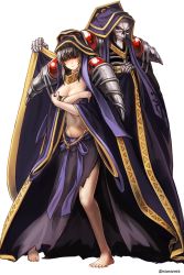 Rule 34 | 1boy, 1girl, ainz ooal gown, ainz ooal gown (cosplay), aken, barefoot, black hair, blush, cosplay, covering privates, covering breasts, embarrassed, full body, hair over eyes, highres, hood, narberal gamma, overlord (maruyama), shoulder pads, simple background, skeleton, skull, standing, twitter username