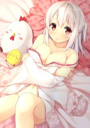 Rule 34 | 1girl, albino, bare shoulders, bed sheet, bird, blush, bottomless, breasts, chick, chicken, cleavage, closed mouth, collarbone, crossed arms, floral print, frilled pillow, frills, highres, japanese clothes, karutamo, kimono, kimono pull, large breasts, looking at viewer, lying, medium breasts, navel, on back, on bed, original, pillow, polka dot pillow, red eyes, side ponytail, smile, solo, stuffed animal, stuffed chicken, stuffed toy, tisshu (karutamo), white hair, white kimono