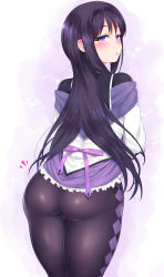 Rule 34 | 1girl, akemi homura, argyle, argyle clothes, argyle legwear, ass, black hair, black hairband, black pantyhose, clothes lift, commentary request, from behind, hairband, heart, highres, katsura harufumi, legs together, lips, long hair, looking at viewer, looking back, magical girl, mahou shoujo madoka magica, mahou shoujo madoka magica (anime), no panties, open mouth, pantyhose, parted lips, purple eyes, shiny clothes, shiny skin, skirt, skirt lift, solo, standing