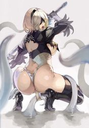 Rule 34 | 1girl, 2b (nier:automata), ass, black blindfold, black hairband, blindfold, boots, breasts, covered eyes, from behind, hairband, heattech leotard, high heel boots, high heels, highres, imminent rape, juliet sleeves, large breasts, leotard, leotard pull, long sleeves, nier:automata, nier (series), nishii (damnedrive), open mouth, puffy sleeves, shiny skin, short hair, silver hair, solo, squatting, tentacles, thigh boots, thighhighs, thighhighs under boots, thong leotard, torn clothes, torn leotard, turtleneck, white leotard