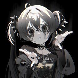 Rule 34 | 1girl, \n/, absurdres, ahoge, badge, black background, black shirt, button badge, choker, dissection (band), expressionless, eyeliner, graveland (band), hair between eyes, hairband, hatsune miku, highres, irreligiositat, jacket, jewelry, long hair, long sleeves, looking at viewer, makeup, mismatched pupils, necklace, off shoulder, open clothes, open jacket, pale skin, partially colored, ring, shirt, simple background, solo, spiked choker, spiked hairband, spikes, t-shirt, twintails, upper body, vocaloid