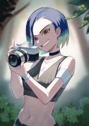 Rule 34 | 1girl, absurdres, bare shoulders, belt, blue hair, breasts, brown eyes, camera, choker, cleavage, clenched hands, clenched teeth, collarbone, creatures (company), crop top, day, denim, eyelashes, female focus, fingernails, forest, game freak, gradient hair, grin, hair over one eye, hands up, highres, holding, holding camera, huge filesize, jeans, lips, long fingernails, looking afar, magurosamm, medium breasts, medium hair, midriff, multicolored hair, nature, navel, neck, nintendo, outdoors, pants, parted bangs, parted lips, perrin (pokemon), pokemon, pokemon sv, shirt, sleeveless, sleeveless shirt, smile, smug, standing, teeth, two-tone hair, upper body, watch, wristwatch