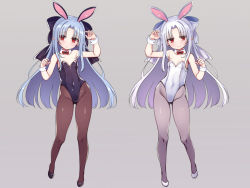 Rule 34 | 2girls, animal ears, arm up, bare shoulders, blue hair, blush, bow, bowtie, breasts, covered navel, detached collar, fake animal ears, gluteal fold, hair bow, highleg, highleg leotard, highres, len (tsukihime), leotard, long hair, looking at viewer, melty blood, multiple girls, pantyhose, playboy bunny, pointy ears, rabbit ears, red bow, red eyes, red neckwear, simple background, small breasts, strapless, strapless leotard, tsukihime, wrist cuffs, yako