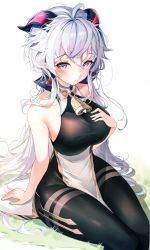 1girl, absurdres, ahoge, ahr tato, bangs, bell, black bodysuit, blush, bodysuit, breasts, closed mouth, cowbell, eyebrows visible through hair, ganyu (genshin impact), genshin impact, goat horns, grass, hair between eyes, hand on own chest, highres, horns, long hair, purple eyes, sidelocks, simple background, sitting, solo, very long hair, white background