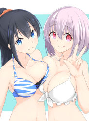 Rule 34 | 10s, 2girls, :p, asymmetrical docking, bare arms, bare shoulders, bikini, black hair, blue background, blue bikini, blue eyes, blush, breast press, breasts, closed mouth, collarbone, commentary request, female focus, gridman universe, hair between eyes, hair ornament, hair scrunchie, hand up, large breasts, long hair, looking at viewer, medium breasts, multiple girls, navel, orange scrunchie, ponytail, purple hair, red eyes, sakikumo (sakumo), scrunchie, shinjou akane, smile, ssss.gridman, swimsuit, takarada rikka, tongue, tongue out, two-tone background, upper body, v, white background, white bikini