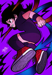 Rule 34 | 1girl, asymmetrical wings, black eyes, black hair, blue wings, breasts, clenched hand, clenched teeth, commentary request, dress, earrings, full body, halftone, highres, houjuu nue, jewelry, leaf st, looking afar, medium hair, multiple earrings, purple background, purple dress, purple thighhighs, red footwear, red wings, shoes, short dress, short sleeves, signature, small breasts, sneakers, solo, stud earrings, teeth, thighhighs, touhou, wings, wristband, zettai ryouiki