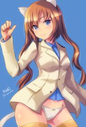 Rule 34 | 1girl, animal ears, artist name, bad id, bad twitter id, blue background, blue eyes, blue shirt, bow, bow panties, brown hair, closed mouth, commentary request, cowboy shot, crotch seam, dress shirt, haruhata mutsuki, head tilt, long hair, long sleeves, looking at viewer, military, military uniform, no pants, panties, patricia schade, shirt, signature, simple background, smile, solo, standing, strike witches: kurenai no majo-tachi, striker unit, tail, twitter username, underwear, uniform, white background, white panties, wing collar, world witches series