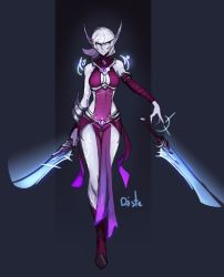 Rule 34 | 1girl, armored boots, boots, colored skin, dagger, distr, dual wielding, elf, full body, glowing, glowing eyes, highres, holding, jewelry, knife, looking at viewer, nightborne, pointy ears, purple skin, warcraft, weapon, white hair, world of warcraft
