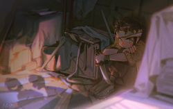 Rule 34 | 1boy, :|, aged down, alzi xiaomi, blanket, blurry, box, braid, brown hair, brown pants, bucket, child, claude von riegan, closed mouth, commentary request, dark-skinned male, dark skin, depth of field, earrings, fire emblem, fire emblem: three houses, green eyes, headband, highres, holding, holding knife, jewelry, junk, knees up, knife, long sleeves, looking at viewer, male focus, nintendo, on floor, out of frame, pants, red background, rope, sandals, shadow, short sleeves, side braid, single braid, sitting, solo focus, sword, weapon