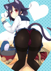 Rule 34 | 10s, 1girl, ahoge, animal ears, ass, black pantyhose, blush, carrot, cat ears, cat tail, hair ornament, highres, kantai collection, long hair, looking at viewer, looking back, low twintails, onion, panties, panties over pantyhose, pantyhose, polka dot, polka dot background, polka dot panties, potato, purple hair, purple panties, red eyes, school uniform, serafuku, skirt, smile, solo, taigei (kancolle), tail, takehana note, thighband pantyhose, twintails, underwear, whale