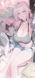 Rule 34 | 1girl, absurdres, ahoge, bare legs, bare shoulders, black choker, blue eyes, breasts, cherry blossoms, choker, chyan, cleavage, crop top, crossed bangs, dog, grey hair, hair between eyes, highres, huge breasts, large breasts, long hair, looking at viewer, midriff, open mouth, original, pointy ears, ponytail, short shorts, shorts, silvi (chyan), sitting, solo, tank top