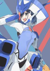 Rule 34 | 1girl, :d, blue hair, bodysuit, commentary request, cosplay, darling in the franxx, delphinium (darling in the franxx), delphinium (darling in the franxx) (cosplay), hair ornament, hairclip, headgear, highres, ichigo (darling in the franxx), joints, machi (wm), mecha musume, open mouth, robot joints, short hair, smile, solo, upper body, yellow eyes