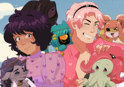 1boy 6+girls aqua_hair black_dress cat_girl catovyen cthulhu_mythos date_(sucker_for_love) dress estir furry furry_female goat_girl highres ln&#039;eta long_hair looking_at_viewer medium_hair multiple_girls muu nyanlathotep pink_hair ponytail purple_hair rhok&#039;zan short_hair stardust_(sucker_for_love) sucker_for_love