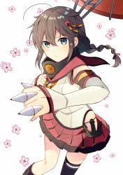 Rule 34 | 1girl, ahoge, anchor, bare hips, between fingers, blouse, blue eyes, braid, braided ponytail, brown hair, cherry blossoms, commentary request, cosplay, detached sleeves, gorget, hair between eyes, hair flaps, hair ornament, highres, hip vent, holding, holding umbrella, kantai collection, looking at viewer, oil-paper umbrella, red skirt, red umbrella, shigure (kancolle), shirt, sidelocks, simple background, single braid, single thighhigh, skirt, solo, thighhighs, umbrella, white shirt, yamato (kancolle), yamato (kancolle) (cosplay), yukichi (eikichi)