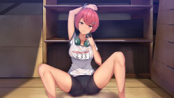 Rule 34 | 1girl, arm up, bike shorts, blush, breasts, cameltoe, collarbone, come hither, gym storeroom, hair between eyes, hair ornament, hairclip, headphones, headphones around neck, highres, indoors, large breasts, looking at viewer, original, parted lips, red eyes, red hair, scallion15, see-through, shirt, shorts, solo, spread legs, track suit, vaulting horse, wet, wet clothes, wet shirt