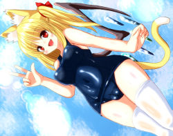 Rule 34 | 1girl, alternate costume, animal ears, blonde hair, blue sky, breasts, cameltoe, cat ears, cat tail, cloud, day, fang, flandre scarlet, hair bobbles, hair ornament, kemonomimi mode, large breasts, misoshiru (meridianchild312), one-piece swimsuit, open mouth, red eyes, school swimsuit, shiny clothes, side ponytail, sky, smile, solo, swimsuit, tail, thighhighs, touhou, wet, white thighhighs, wings