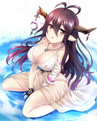Rule 34 | 10s, 1girl, :o, antenna hair, arm support, bandages, barefoot, between legs, black hair, blush, breasts, cleavage, covered erect nipples, danua, draph, dress, female focus, fingerless gloves, gloves, gradient background, granblue fantasy, hair between eyes, hand between legs, highres, hinata sora, horn ornament, horns, jewelry, large breasts, long hair, looking at viewer, necklace, open mouth, pointy ears, red eyes, see-through, sitting, solo, wariza