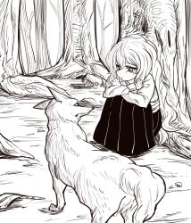 Rule 34 | 1girl, aged down, alinoce716, commentary request, crossed arms, crying, crying with eyes open, fetal position, forest, forest of magic, hakama, hakama skirt, highres, japanese clothes, kirisame marisa, long hair, mitsugashira enoko (dog), monochrome, nature, pleated skirt, shirt, sitting, skirt, squatting, tears, touhou, very long hair, white shirt