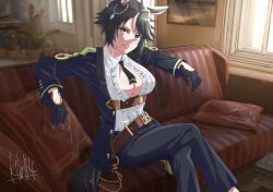 Rule 34 | 1girl, animal ears, belt, black gloves, black hair, black jacket, black necktie, black pants, blue eyes, blurry, blurry background, breasts, center opening, cleavage, collared shirt, couch, crossed legs, feet out of frame, fuji kiseki (umamusume), gloves, highres, horse ears, horse girl, horse tail, indoors, jacket, kibidango 14-gou, large breasts, long sleeves, looking at viewer, multicolored hair, necktie, open clothes, open jacket, pants, parted lips, pillow, plant, potted plant, shirt, short hair, short necktie, signature, smile, solo, streaked hair, tail, umamusume, white shirt, window