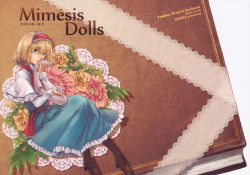 Rule 34 | 1girl, alice margatroid, blonde hair, blue eyes, book, boots, capelet, carnation, cover, cover page, cross-laced footwear, disembodied hand, doily, doll joints, female focus, floral background, flower, hairband, highres, joints, lace-up boots, lace background, nakatani, non-web source, rose, scan, short hair, solo, touhou, yellow flower, yellow rose