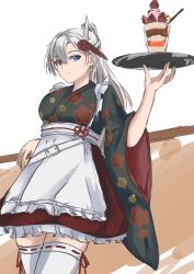 Rule 34 | 1girl, absurdres, alpha (punishing: gray raven), blue eyes, closed mouth, dessert, food, grey hair, hair between eyes, heterochromia, highres, holding, holding plate, japanese clothes, long hair, multicolored hair, plate, punishing: gray raven, red eyes, red hair, shuuka, solo, streaked hair, thighhighs, white background, white thighhighs, wide sleeves