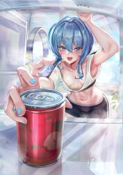 Rule 34 | 1girl, :d, areola slip, armpits, blue eyes, blue hair, blue nails, blurry, blurry background, blush, breasts, can, collarbone, crop top, drink can, feet out of frame, foreshortening, hair between eyes, highres, hololive, hololive dance practice uniform, hoshimachi suisei, indoors, jagoo, leaning forward, long hair, looking at viewer, midriff, nail polish, navel, official alternate costume, open mouth, paid reward available, see-through, see-through shirt, short shorts, short sleeves, shorts, side ponytail, sidelocks, small breasts, smile, soda can, solo, steaming body, sweatdrop, virtual youtuber