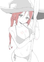 Rule 34 | 1girl, absurdres, bad id, bad twitter id, bikini, black bikini, breasts, cleavage, cowboy shot, donguri suzume, green eyes, hat, highres, long hair, medium breasts, original, parted bangs, ponytail, red hair, side-tie bikini bottom, simple background, solo, staff, swimsuit, white background, witch hat
