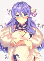 Rule 34 | 1girl, arms under breasts, bare shoulders, beige ribbon, blue eyes, blush, breasts, china dress, chinese clothes, cleavage, cleavage cutout, closed mouth, clothing cutout, cowboy shot, dress, feather boa, hair ornament, highres, large breasts, long hair, looking at viewer, mizuyoukan (mikususannda), princess connect!, purple hair, purple ribbon, ribbon, shizuru (princess connect!), sidelocks, smile, solo, white dress