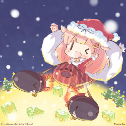 Rule 34 | &gt; &lt;, 10s, 1girl, :d, bell, blonde hair, chibi, christmas tree, closed eyes, commentary request, fang, grin, hair flaps, hair ornament, hair ribbon, hairclip, hat, kantai collection, long hair, momoniku (taretare-13), one eye closed, open mouth, ribbon, santa hat, sleigh, smile, snowing, the yuudachi-like creature, torpedo, twitter username, watermark, web address, yuudachi (kancolle), | |