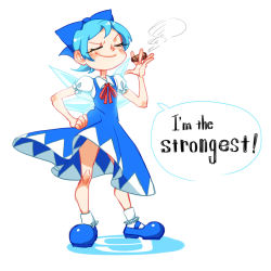 Rule 34 | 1girl, between fingers, blue hair, bow, cigar, circled 9, cirno, cirno (cosplay), cosplay, dress, english text, frills, full body, hair bow, hand on own hip, holding, mary janes, nappooz, peacock (skullgirls), puffy sleeves, shoes, short hair, simple background, skullgirls, smile, smoking, smug, solo, speech bubble, touhou, white background, wings