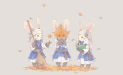 Rule 34 | 3others, :3, androgynous, animal ears, autumn leaves, blue dress, blue eyes, blue gemstone, blue scarf, book, broom, brown gloves, commentary, covered face, covering face, dress, falling leaves, final fantasy, final fantasy xiv, full body, furry, gem, gloves, grey background, hands up, highres, holding, holding book, holding broom, holding leaf, holding pen, leaf, looking at another, loporrit, multiple others, omori hakumai, open mouth, pen, rabbit ears, rabbit tail, scarf, simple background, smile, standing, tail, turban, whiskers, white dress, white headwear, writing