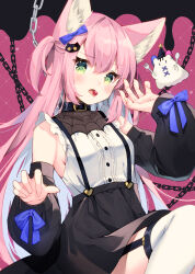 Rule 34 | 1girl, animal ear fluff, animal ears, backboob, bare shoulders, belt collar, black skirt, black sleeves, blue bow, blush, bow, breasts, candy, center frills, chain, claw pose, collar, colored inner hair, commentary, cowboy shot, detached sleeves, eyelashes, food, frills, garter straps, green eyes, hair between eyes, halloween, halloween costume, hands up, heart, heart-shaped ornament, high-waist skirt, highres, irori, knee up, long hair, long sleeves, looking at viewer, mia (irori), multicolored hair, original, pink background, pink hair, shirt, sidelocks, simple background, sitting, skirt, sleeveless, sleeveless shirt, small breasts, solo, spider web print, straight hair, suspender skirt, suspenders, thigh strap, thighhighs, tongue, tongue out, two side up, v-shaped eyebrows, very long hair, white hair, white shirt, white thighhighs, wolf ears, wolf girl, zettai ryouiki