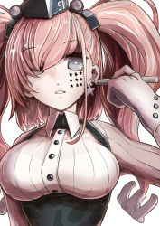 Rule 34 | 1girl, anchor hair ornament, atlanta (kancolle), boushi-ya, bra visible through clothes, breasts, brown hair, drawing on another&#039;s face, drawing on own face, earrings, facial mark, garrison cap, gloves, grey eyes, hair ornament, hair over one eye, hat, headgear, high-waist skirt, holding, jewelry, kantai collection, large breasts, long hair, long sleeves, marker, partially fingerless gloves, simple background, single earring, skirt, solo, star (symbol), star earrings, twintails, two side up, upper body, white background
