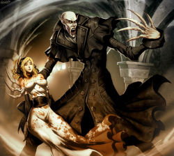 Rule 34 | 1boy, 1girl, blonde hair, blood, breasts, count orlok, dress, genzoman, impossible clothes, impossible shirt, nosferatu, open mouth, orlok, shirt, vampire, yellow eyes